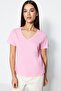 Pembe-Mint %100 Pamuk 2'li Paket Basic V Yaka Örme T-Shirt TWOSS23TS00002 - 2