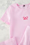 Pembe Pamuklu Nakışlı Fitili Tshirt ve Flare/İspanyol Paça Taytlı Örme Alt-Üst Takım TKDSS25AU00021 - 3