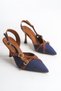 Livons Denim Navy Blue Denim Pointed Toe Closed Buckle Open Back Women's Stiletto Heeled Shoes