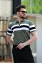 Khaki Zippered Polo Neck Striped Men's T-Shirt E7406 - 3