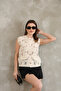 Women's Crochet Creme Crew Collar Gold Buttoned Seasonal Vest - 4