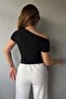 Women's Sandy Fabric Draped Short Sleeve Crop Black Blouse 13433 - 2