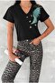 Women's Black V-Neck Shoulder Leaf Sequin Sequin Embroidered 100% Cotton T-Shirt - 6