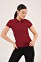 Half Zipper Stand Collar Ribbed Claret Red T-Shirt