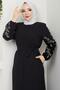 Belted Ferace with Floral Embroidered Sleeves Black HM2727 - 4