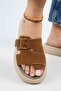 Women's Genuine Leather Single Strip Tan Slippers - 5
