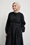 Shirt Collar Belted Plain Black Dress - 2