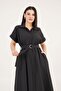 Belted Hidden Button Polo Neck Black Dress - 3