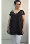 Black V-Neck Yellow Black Stripe Detailed Low Arm Combed Viscose T-Shirt - 4