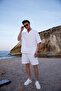 White Color V-Neck Shirt Shorts Men's Washed Linen Set - 4