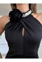 Rose Accessory Stone Collar Detailed Slit Evening Dress - 3