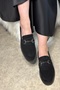 Daily Women's Black Suede Loafer Classic Patterned Sole Buckle Oval Toe Moccasin Shoes 120 - 3