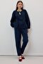 Women's Navy Blue Elastic Waist Carrot Leg Muslin Trousers - 3
