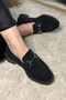 Daily Women's Black Suede Loafer Classic Patterned Sole Buckle Oval Toe Moccasin Shoes 120 - 8
