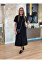 Women's Short Sleeve Crew Neck Pocket Front Slit Viscose Two Thread Midi Dress - 2