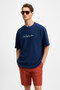 Ourflow Men's Embroidery Detailed 100% Organic Cotton Crew Neck Short Sleeve Oversize Navy Blue T-Shirt - 3