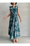 Women's Green Flounce Sleeve Double Breasted Collar Woven Dress - 2