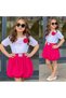 Girl Child Top and Bottom Suit Balloon Skirt Lapel Flower Detail Fuchsia Color T-Shirt - 2