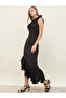 Plain Asymmetric Hem Off Shoulder Bodycon Maxi Dress with Rose Trim - 3