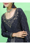 Women Navy Blue Embroidered Kurta with Palazzos - 4