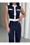 Women's Navy Blue Sleeveless Stripe Detailed Bottom Top Set - 4