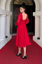 Chiffon Fabric Midi Dress with Floral Detail - Red - 5