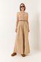 Women's Beige V-Neck Knitted Belted Pocketed Loose Trousers Linen Jumpsuit 90022 60283186 - 5