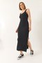 Women's Black Strappy Square Neck Slit Detailed Ottoman Midi Dress 295 60283176 - 5