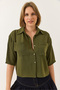 Women's Green Double Pocket Detailed Linen Aerobin Oversize Short Shirt 4619 60281020 - 6