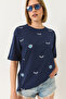 Women's Navy Blue Eye Printed Short Sleeve Cotton Oversize T-Shirt 60283184 - 5