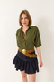 Women's Green Double Pocket Detailed Linen Aerobin Oversize Short Shirt 4619 60281020 - 2
