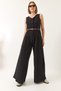 Women's Black V-Neck Knitted Belted Pocketed Loose Trousers Linen Overalls 90022 60283186 - 5