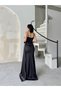 Black Thin Strap Slit Evening Dress with Flower Detail - 5