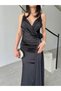 Black Thin Strap Slit Evening Dress with Flower Detail - 4