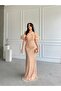 Beige Balloon Sleeve Detailed Sequin Embroidered Strapless Evening Dress - 3