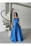 Blue Evening Dress with Stone Front and Bow Detail - 2