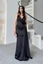 Black Thin Strap Slit Evening Dress with Flower Detail