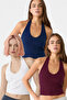 Dark Burgundy White Navy Blue 3-Piece 95% Cotton Halter Neck Double Layer Crop Top Body