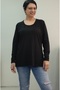 Gathered Collar Long Sleeve Black Combed Cotton Viscose T-Shirt - 6