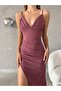 Thin Strap Chest Ribbed Slit Fish Evening Dress 582543 Dried Rose - 3