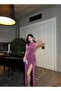 Stand Collar Stone Detailed Slit Glitter Evening Dress 583187 Dusty Rose - 3