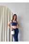 Women's Blue Front Gathered Detailed Lined Midi Skirt Thick Strap Top and Bottom Set - 4