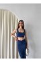 Women's Blue Front Gathered Detailed Lined Midi Skirt Thick Strap Top and Bottom Set - 7