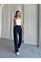 Navy Blue Palazzo Trousers Women's Lycra Velcro Closure Crepe Belt Elastic - 3