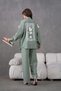 Women's Embroidered Back and Sleeves Floral Accessory Linen Kimono Jacket and Trousers Top and Bottom Set - 7