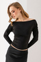 Women's Boat Neck Shoulder Gather Detailed Long Sleeve Blouse Black - 2433 - 5