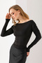 Women's Boat Neck Shoulder Gather Detailed Long Sleeve Blouse Black - 2433
