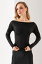 Women's Boat Neck Shoulder Gather Detailed Long Sleeve Blouse Black - 2433 - 7