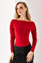 Women's Boat Neck Shoulder Gather Detailed Long Sleeve Blouse Burgundy - 2433 - 3