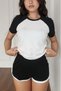 Women's Black-White Raglan Sleeve Short Crop Body Mini Shorts Bottom Top Set - 4